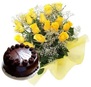 25 Yellow Roses Bunch with 1Kg Chocolate Cake